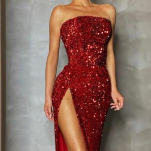 Crimson Siren Strapless Sequin Gown with Thigh-High Slit