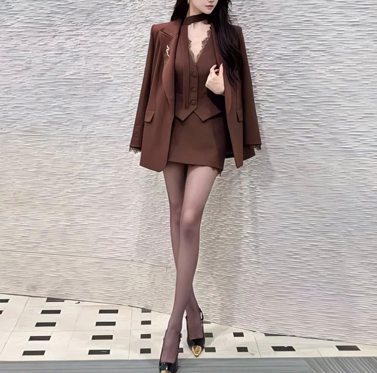 Mocha Elegance Three-Piece Blazer Set - Image 3